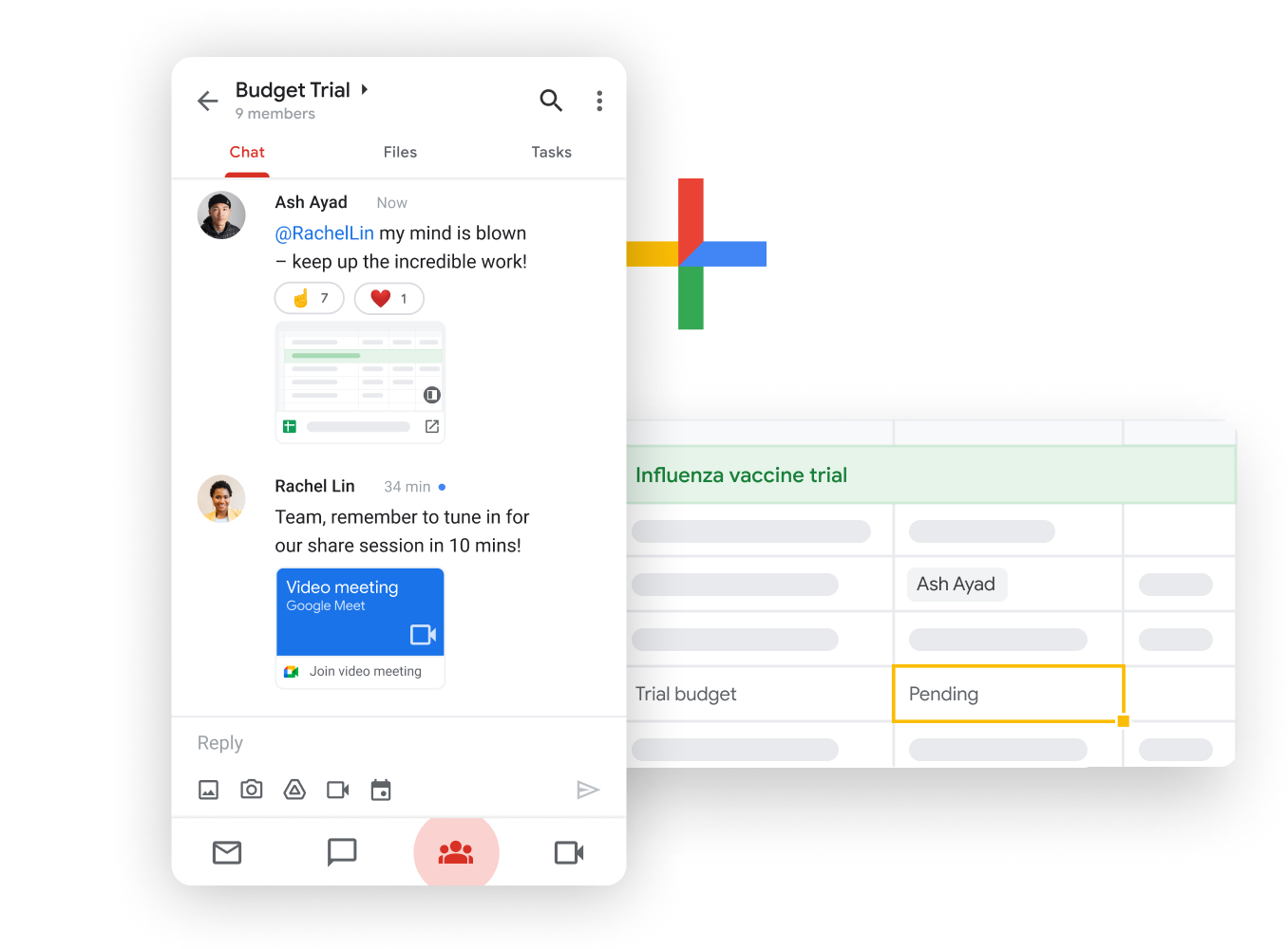 Workspace görseli: Google Chat kullanan ekip üyeleri Google E-Tablolar dosyalarını sorunsuz şekilde paylaşıp düzenliyor