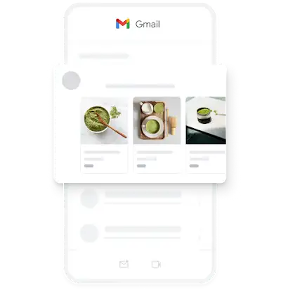 Príklad mobilnej reklamy na generovanie dopytu v aplikácii Gmail s niekoľkými obrázkami organického čajového prášku matcha