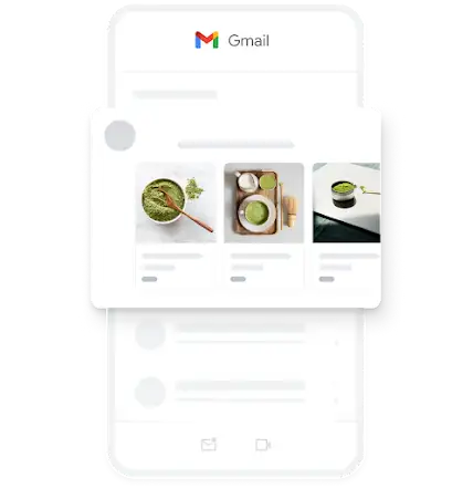 Príklad mobilnej reklamy na generovanie dopytu v aplikácii Gmail s niekoľkými obrázkami organického čajového prášku matcha