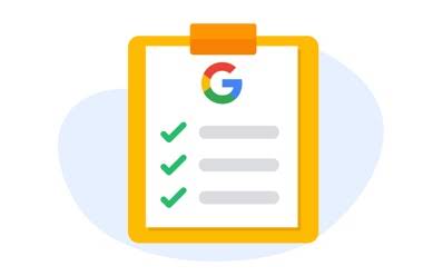 Logo G lingkaran Google di dalam gambar pita kuning.