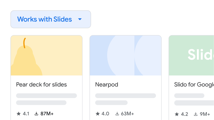 Suplementos para o Google Slides, incluindo Pear Deck, Nearpod e Slido.