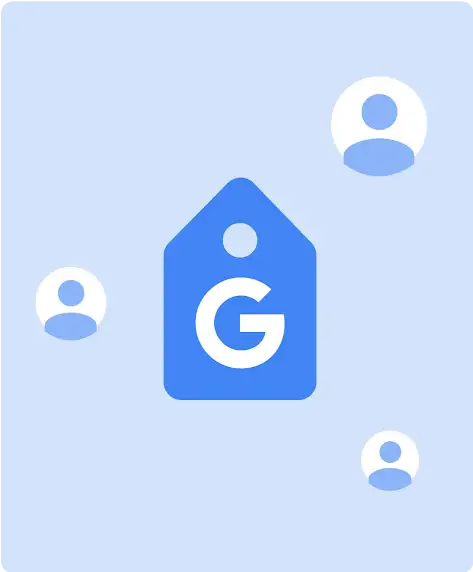 An illustrated Google tag surrounded by customer profile icons.