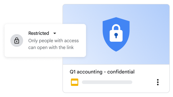 スライド資料のセキュリティ ロックのイラストと、ドキュメントへのアクセスが制限されていることを示すポップアップ ウィンドウ。
