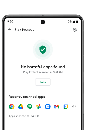 L'écran d'un téléphone Android sur lequel les services Google Play Protect sont ouverts. Un bouclier vert avec une icône de coche est illuminé tandis que le message « Aucune application nuisible n'a été trouvée » avertit l'utilisateur que son téléphone est sécurisé.