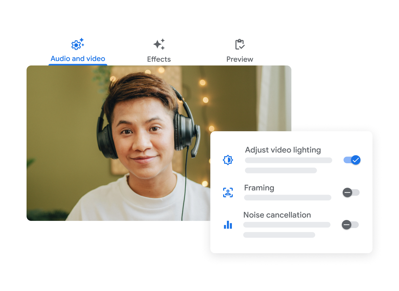 Video ışıklandırma, kadraja alma ve gürültü giderme özelliklerini gösteren Google Meet kullanıcı arayüzü.