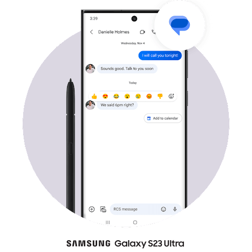 Biểu trưng ứng dụng Tin nhắn của Google lơ lửng ở góc trên cùng bên phải của chiếc điện thoại gập đang mở theo chiều ngang. Phần phía trên của màn hình gập hiện một cuộc trò chuyện bằng tin nhắn văn bản, phần phía dưới hiện bàn phím. Người dùng đang nhấn vào một tin nhắn mới.