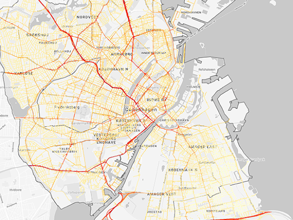 Mapa de Copenhague que muestra partículas ultrafinas y cómo estas coinciden con las carreteras principales.