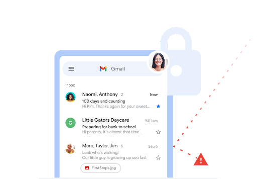 صندوق ورودی اصلی Gmail با نماد هشدار جداگانه برای سایت