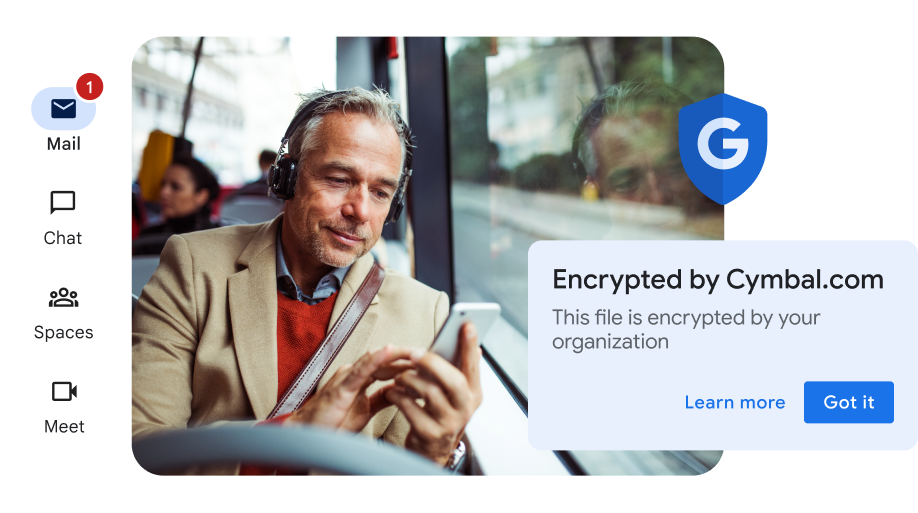 Google Workspace user checking an encrypted email on public transport.