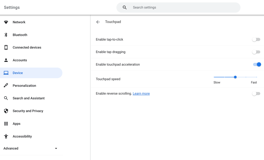 Google's settings are open while a user customises how their touchpad works.