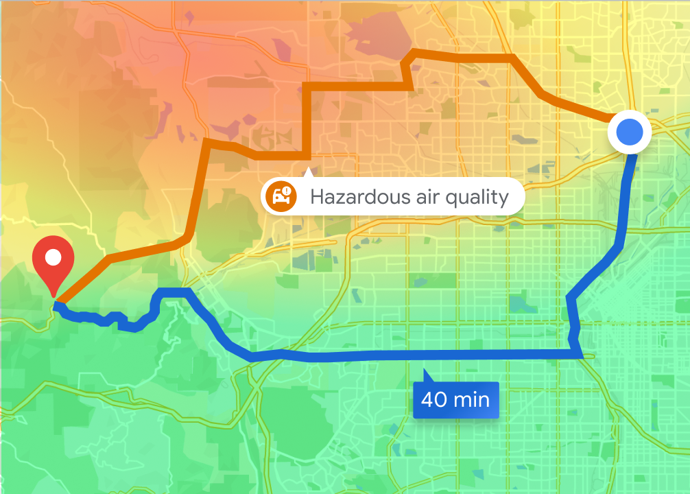 Mapa de dos rutas a través de áreas con distintos niveles de contaminación