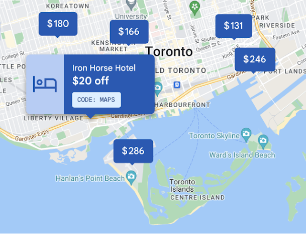 Map using advanced markers to show hotel costs in a city