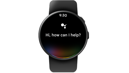 Använder Google Assistent på en Wear OS-smartklocka för att starta en rutin genom att säga ”Hey Google, pendla till jobbet” och sedan visar klockan vädret, dagens kalender och att det spelas musik på telefonen.
