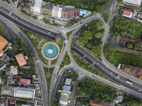 Vista aérea de la copa de los árboles entrelazada con carreteras, estacionamientos y edificios.