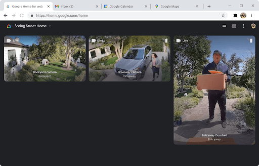 The Google Home app displays camera views from a desktop browser window.