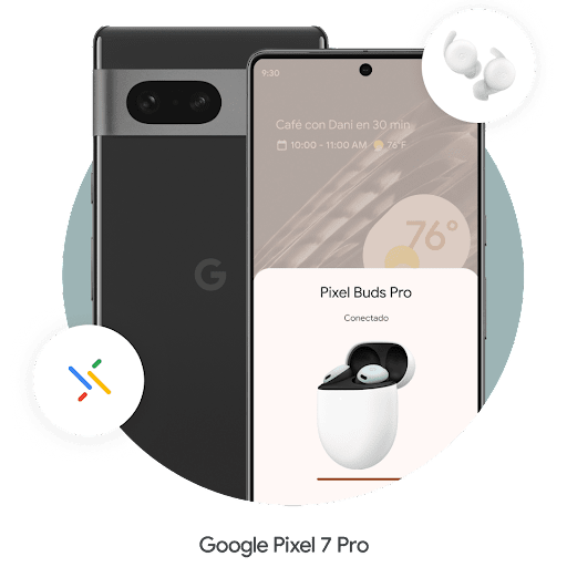 Un par de auriculares en círculo sobrevuelan la esquina superior derecha de un teléfono Galaxy Pixel 7 Pro 4. En la parte inferior izquierda aparece el logotipo de Android Fast Pair. El teléfono se está conectando con unos auriculares Android.