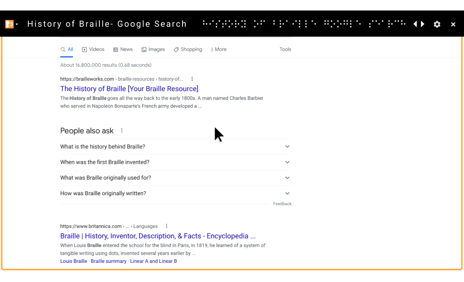 Pembaca skrin menterjemahkan hasil carian Google tentang sejarah braille.