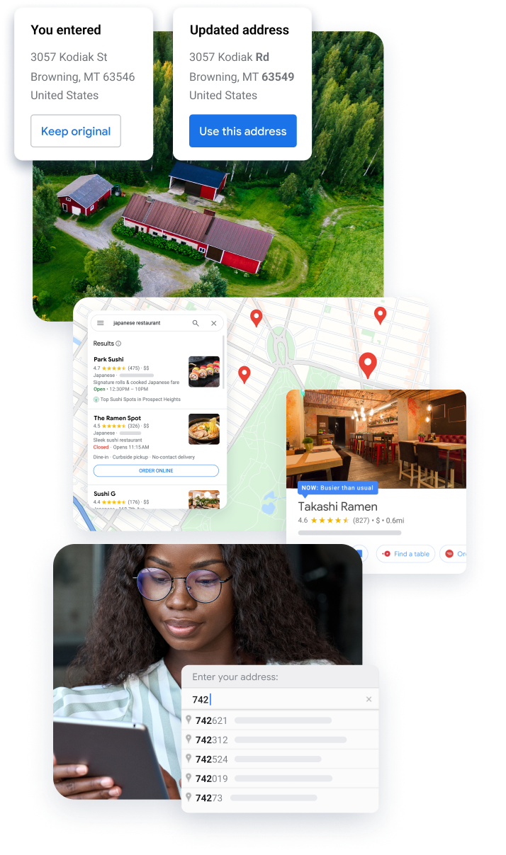 Corrección de una dirección ingresada; mapa con información de restaurantes; datos de lugar de un restaurante de sushi, y una mujer ingresando una dirección en una tablet.