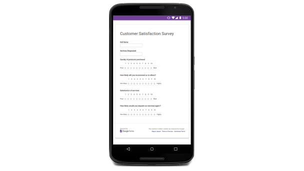 「Customer Satisfaction Survey」というタイトルの Google フォームを表示しているモバイル デバイス。