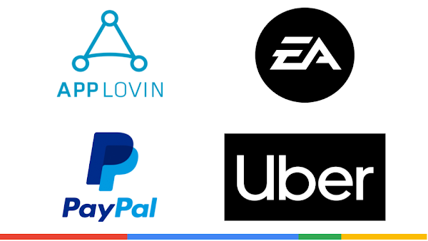 Logotipos da Applovin, EA, PayPal e Uber