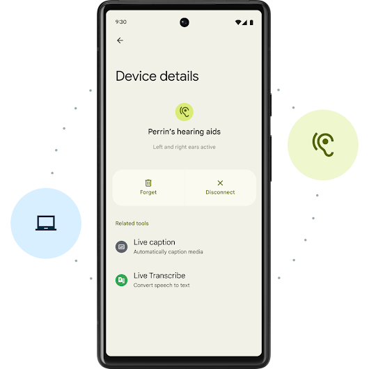As opções de configuração do smartphone Android aparecem na tela. São mostrados: o texto "Detalhes do dispositivo", um ícone de aparelho auditivo e, logo abaixo dele, o texto "Aparelho auditivo de Perrin". Depois, temos as opções "Esquecer" e "Desconectar". E, por fim, são mostradas as opções de ferramentas relacionadas: a Legenda instantânea e a Transcrição instantânea.