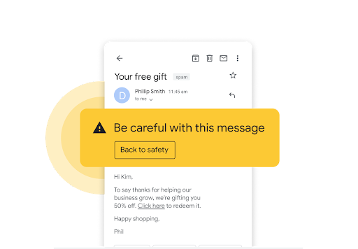 E-mail se žlutým bezpečnostním upozorněním