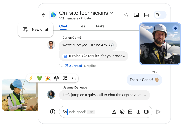 展示 Google Chat 聊天窗口的图片剪辑，其中有安装风力涡轮机的现场技术人员之间的对话，以及各种界面元素。