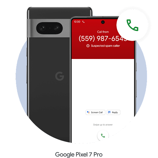 Android 螢幕顯示來電過濾畫面，頂端的亮紅色列中有一組號碼，手機右方有電話圖示。