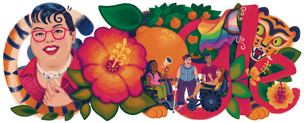 A Doodle illustration featuring Stacey, a tiger, an array of flowers, an orange tree, and her fellow activist friends chatting at the center — all woven together to create the word “Google.”