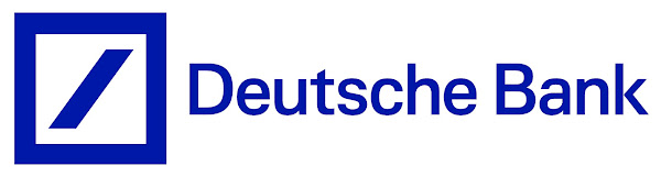 藍色方塊中一條斜線，旁有藍色的「Deutsche Bank」文字