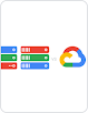 imagen animada de servidores en colores brillantes junto al texto "frente" y el logotipo de Google Cloud