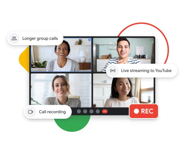Ilustración gráfica de una llamada de Google Meet con las funciones de llamadas de grupo más largas, transmisión en vivo a YouTube y grabación de llamadas.