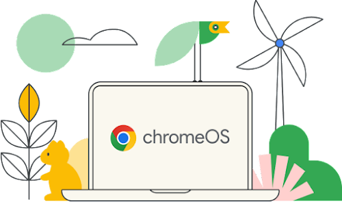 Una ilustración muestra una hoja, una ardilla amarilla, un pájaro verde, una bombilla y un molino de viento alrededor de una laptop.