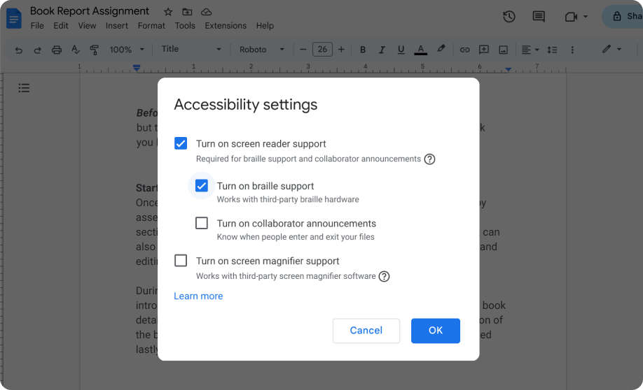 De toegankelijkheidsinstellingen in Google Documenten tonen dat een gebruiker ondersteuning voor schermlezers en brailleleesregels heeft aangezet.