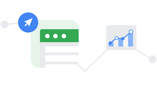 Illustrations show a Google Ads account and a graph chart from Google Analytics 4.
