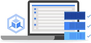 Imagen estilizada de un monitor de computadora con viñetas, pila de VM y un ícono de Google Kubernetes Engine