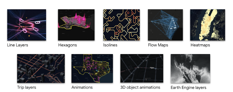 deck.gl Examples including: Line layers, Hexagons, Isolines, Flow Maps, Heatmaps, Trip layers, Animations, 3D object animations, and Earth Engine layers/ 