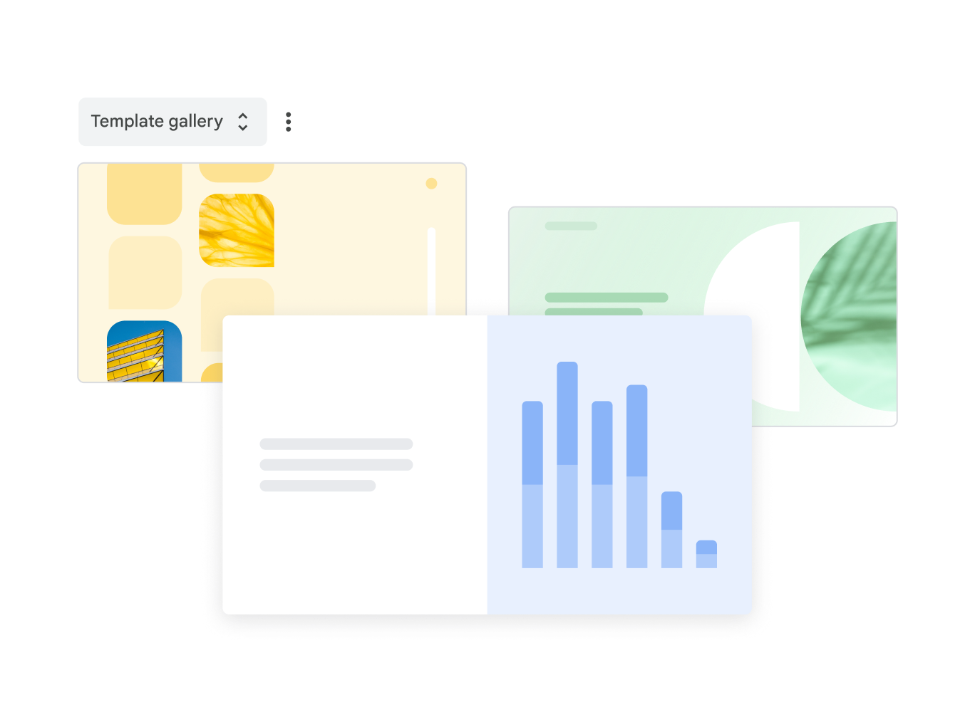 Tre forhåndsutformede Google Presentasjoner-maler å velge mellom i malgalleriet.