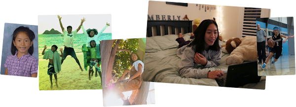 Collage de Kimberly creciendo. De izquierda a derecha: Retrato escolar de Kimberly en la infancia, Kimberly en la playa con su familia, Kimberly trepando a un árbol, Kimberly en su cama trabajando en una laptop, Kimberly jugando baloncesto.