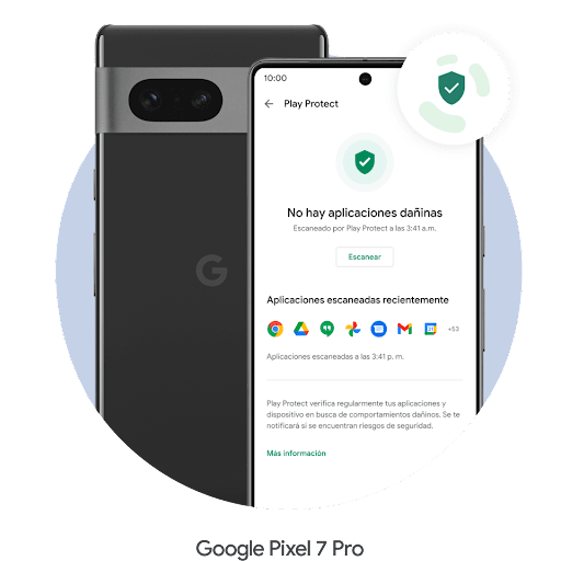 En la pantalla de un teléfono Android se muestra Google Play Protect abierto. Un escudo verde con un ícono de marca de verificación se ilumina con el mensaje "No se encontraron aplicaciones dañinas", lo que indica al usuario que su teléfono está seguro.
