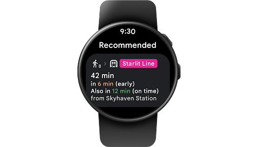 Using a Wear OS smartwatch to find public transit directions and schedule to go to a coffee shop.