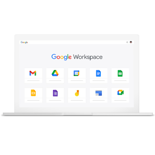 Hình ảnh một chiếc máy tính xách tay có nhiều sản phẩm của Google trong Google Workspace
