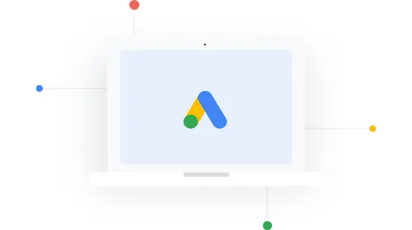 Egy laptop illusztrációja, amelyen a Google Ads logója látható a képernyőn