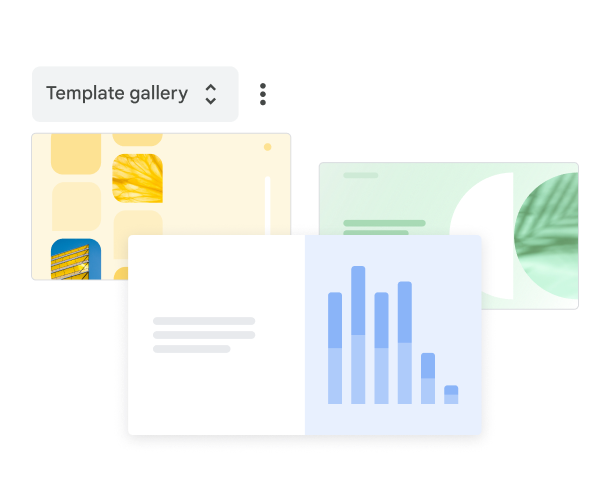 שלוש תבניות מעוצבות מראש של Google Slides בגלריית התבניות, שאפשר לבחור מתוכן.