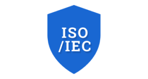 Logo med bokstavene «ISO» og «IEC» på et blått skjold