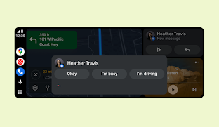 Det nye Android Auto-design med grænsefladen for smartsvar, som foreslår "Okay", "Jeg er optaget" og "Jeg kører" som tre muligheder, der kan vælges med ét tryk for at besvare en besked.