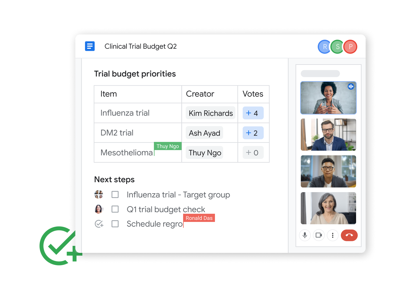 Immagine illustrativa di Workspace - i membri del team modificano insieme i documenti mentre partecipano a una chiamata di Google Meet