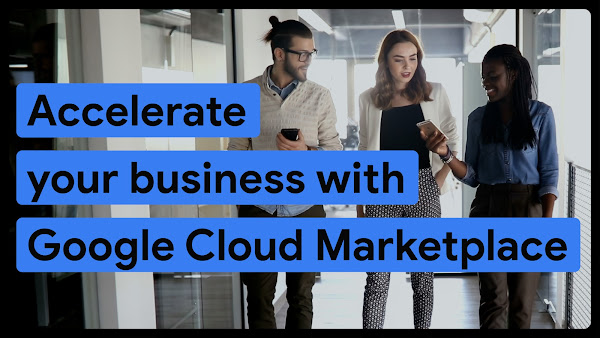 Ilustrasi laptop yang menampilkan Google Cloud Marketplace di layar