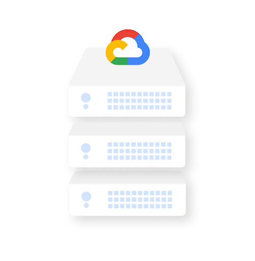Een toren met gegevensservers met bovenop een Google Cloud-logo