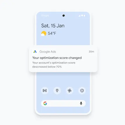 Illustration of a phone shows a Google Ads mobile app notification about an optimisation score change.